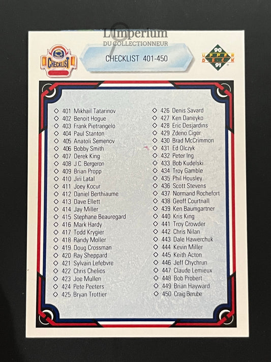 500. Checklist 401-500 Upper Deck 1990-91 Hockey Card