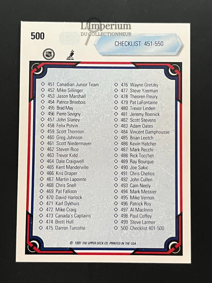 500. Checklist 401-500 Upper Deck 1990-91 Hockey Card