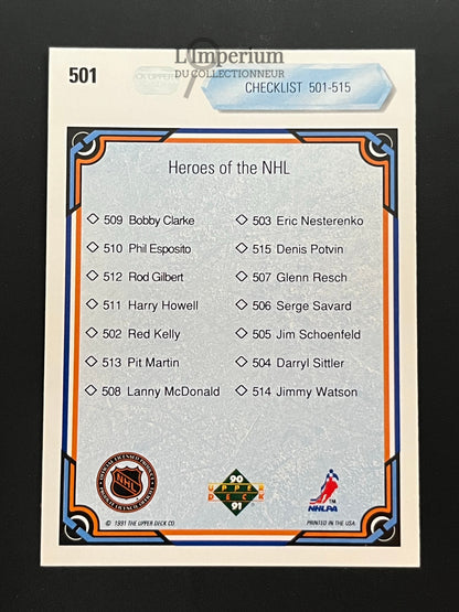 501. Heroes Checklist Upper Deck 1990-91 Hockey Card