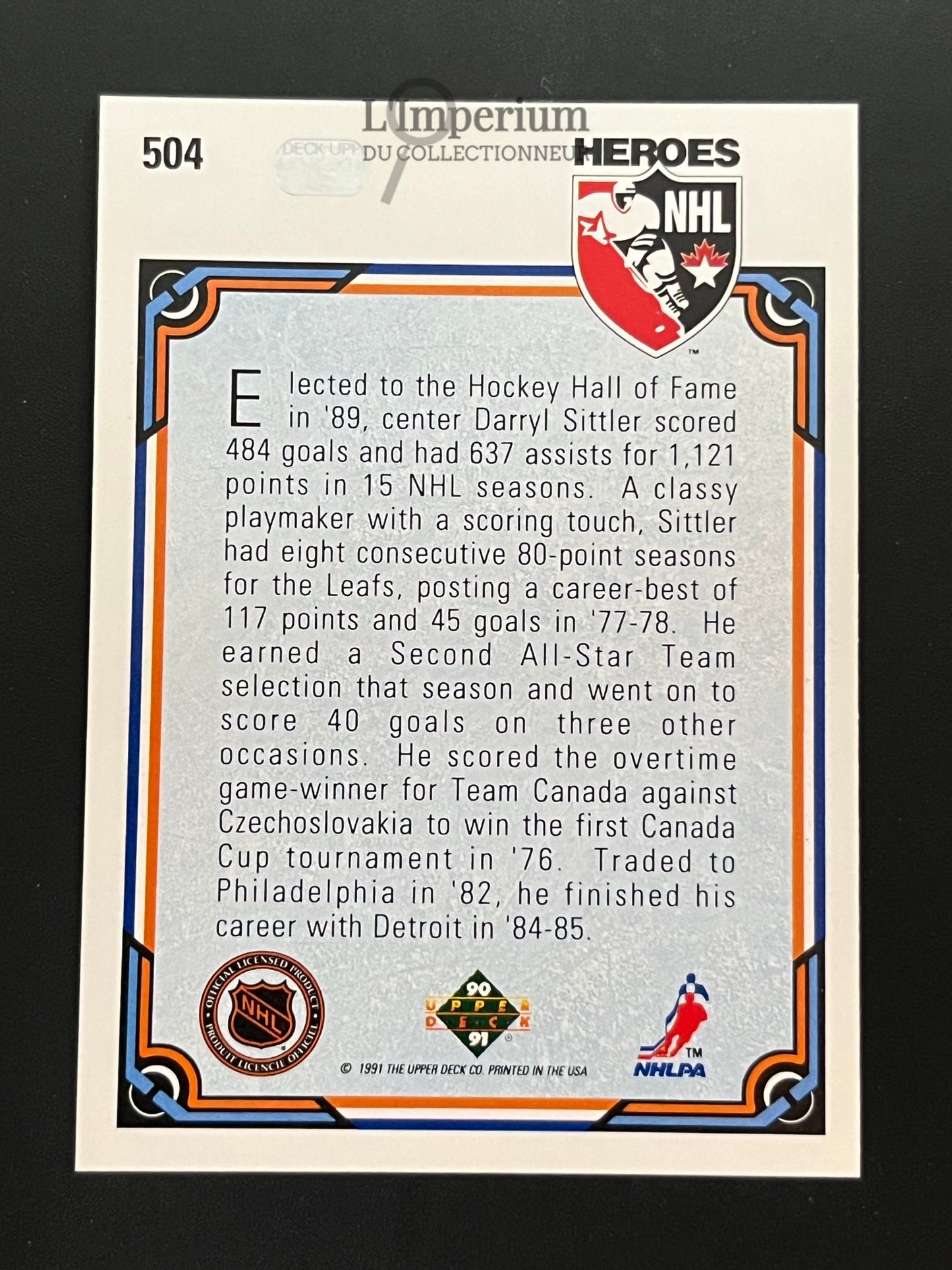 504. Darryl Sittler HERO Upper Deck 1990-91 Hockey Card