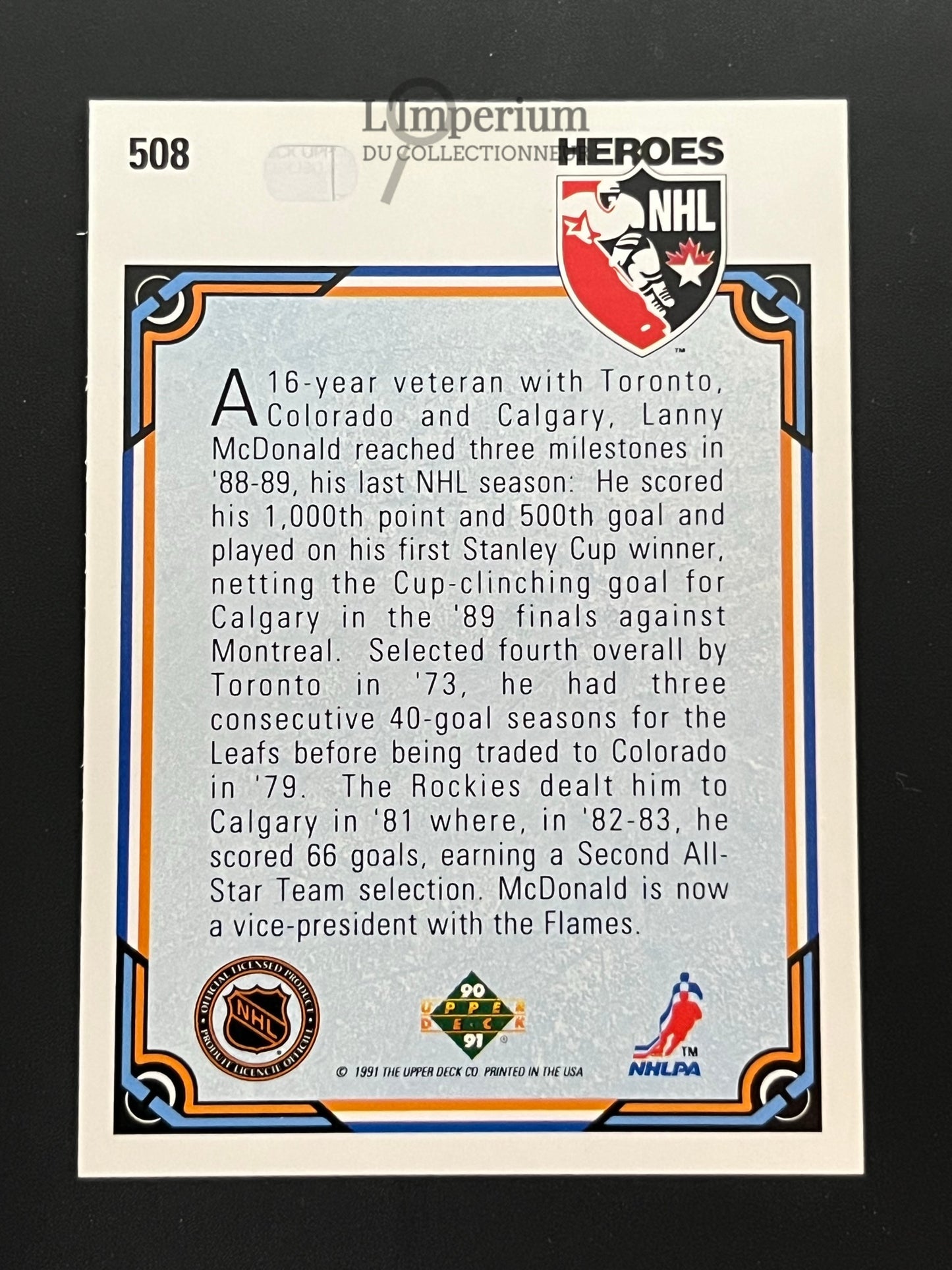 508. Lanny McDonald HERO Upper Deck 1990-91 Hockey Card