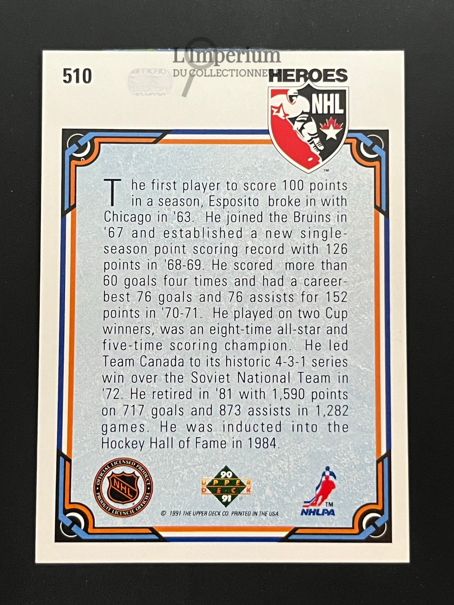 510. Phil Esposito HERO Upper Deck 1990-91 Hockey Card