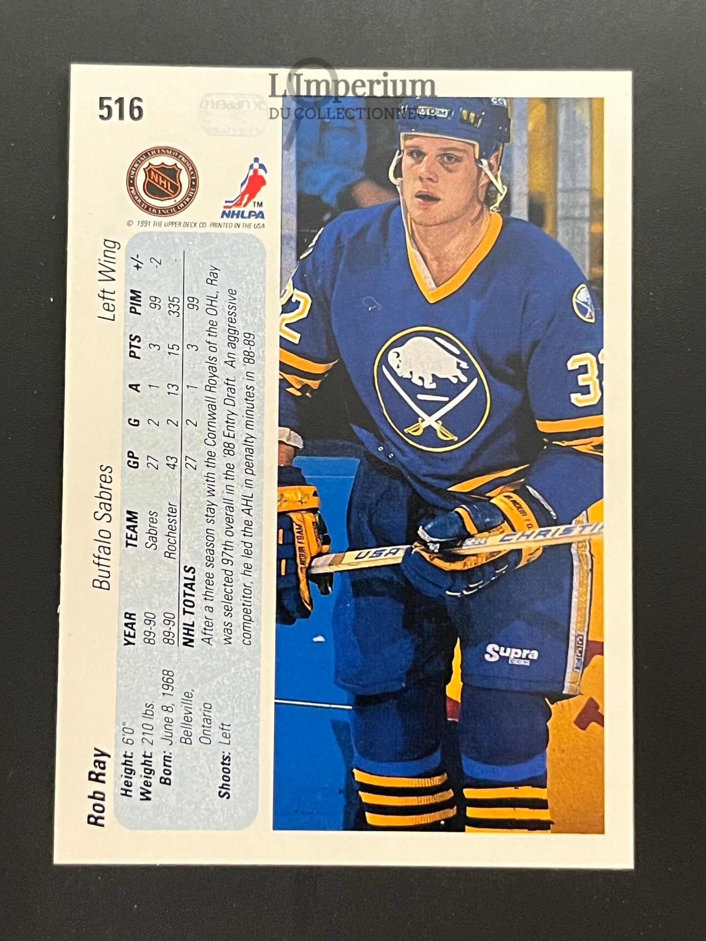 516. Rob Ray RC Upper Deck 1990-91 Hockey Card