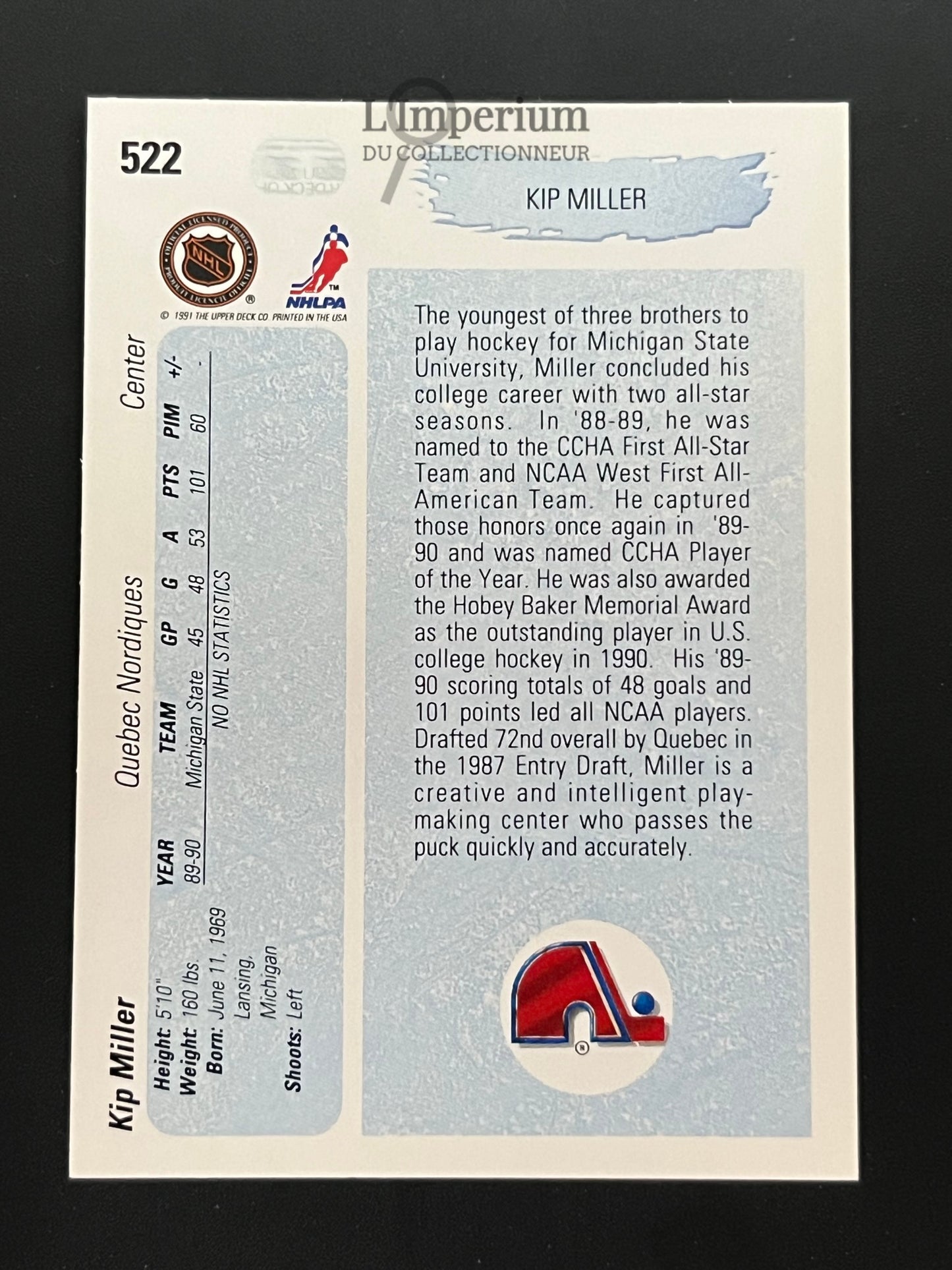 522. Kip Miller YG, RC Upper Deck 1990-91 Hockey Card