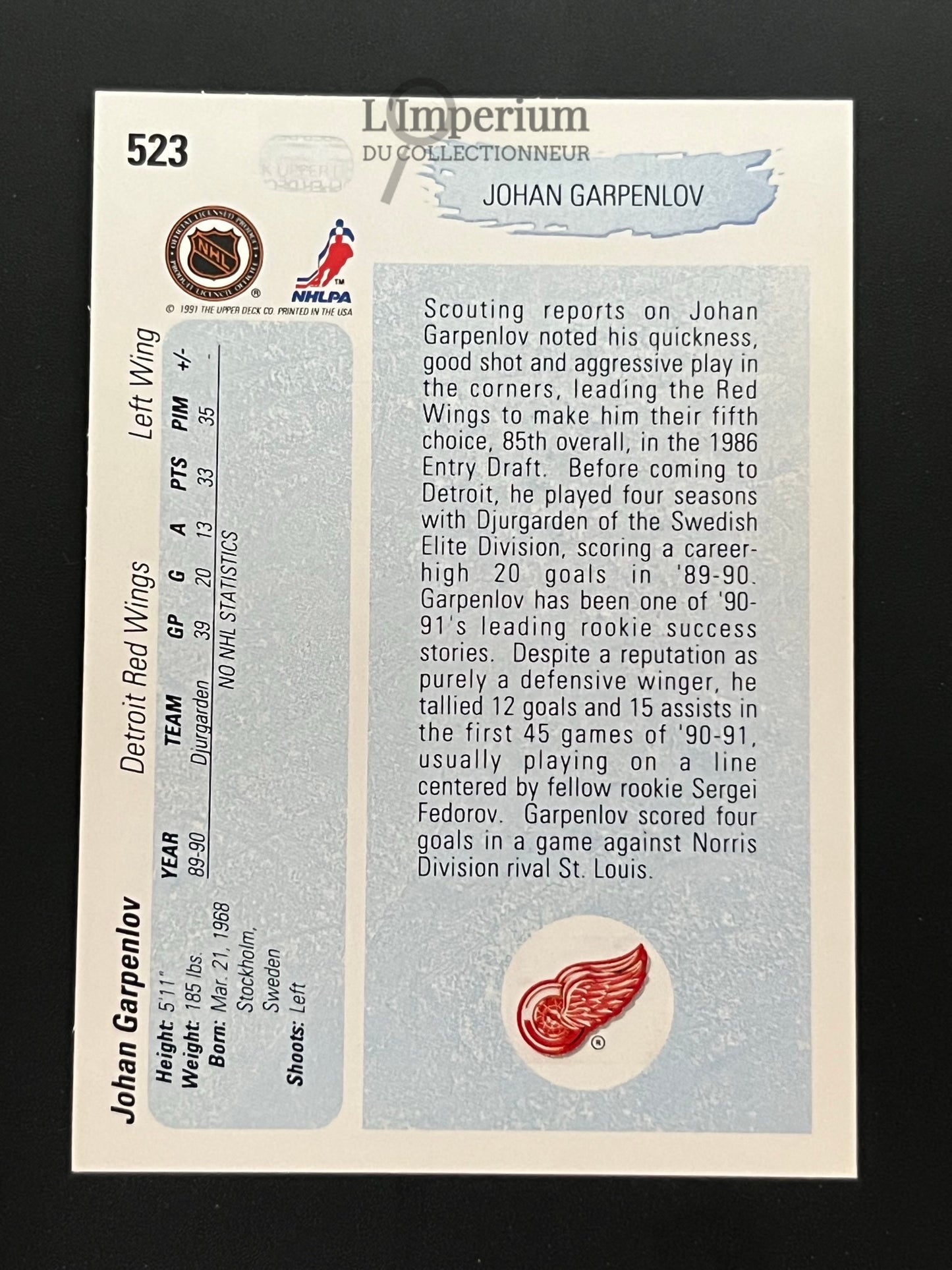 523. Johan Garpenlov YG, RC Upper Deck 1990-91 Hockey Card