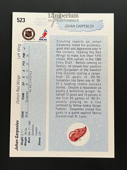 523. Johan Garpenlov YG, RC Upper Deck 1990-91 Hockey Card