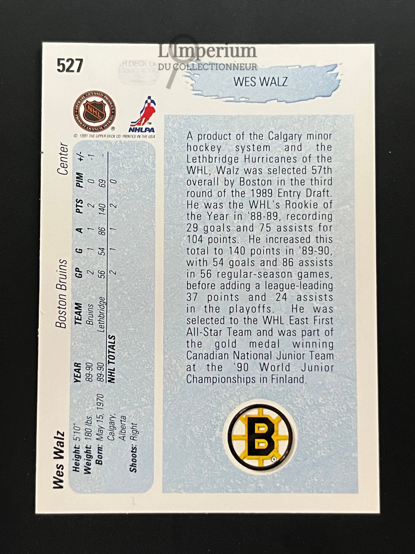 527. Wes Walz YG, RC Upper Deck 1990-91 Hockey Card
