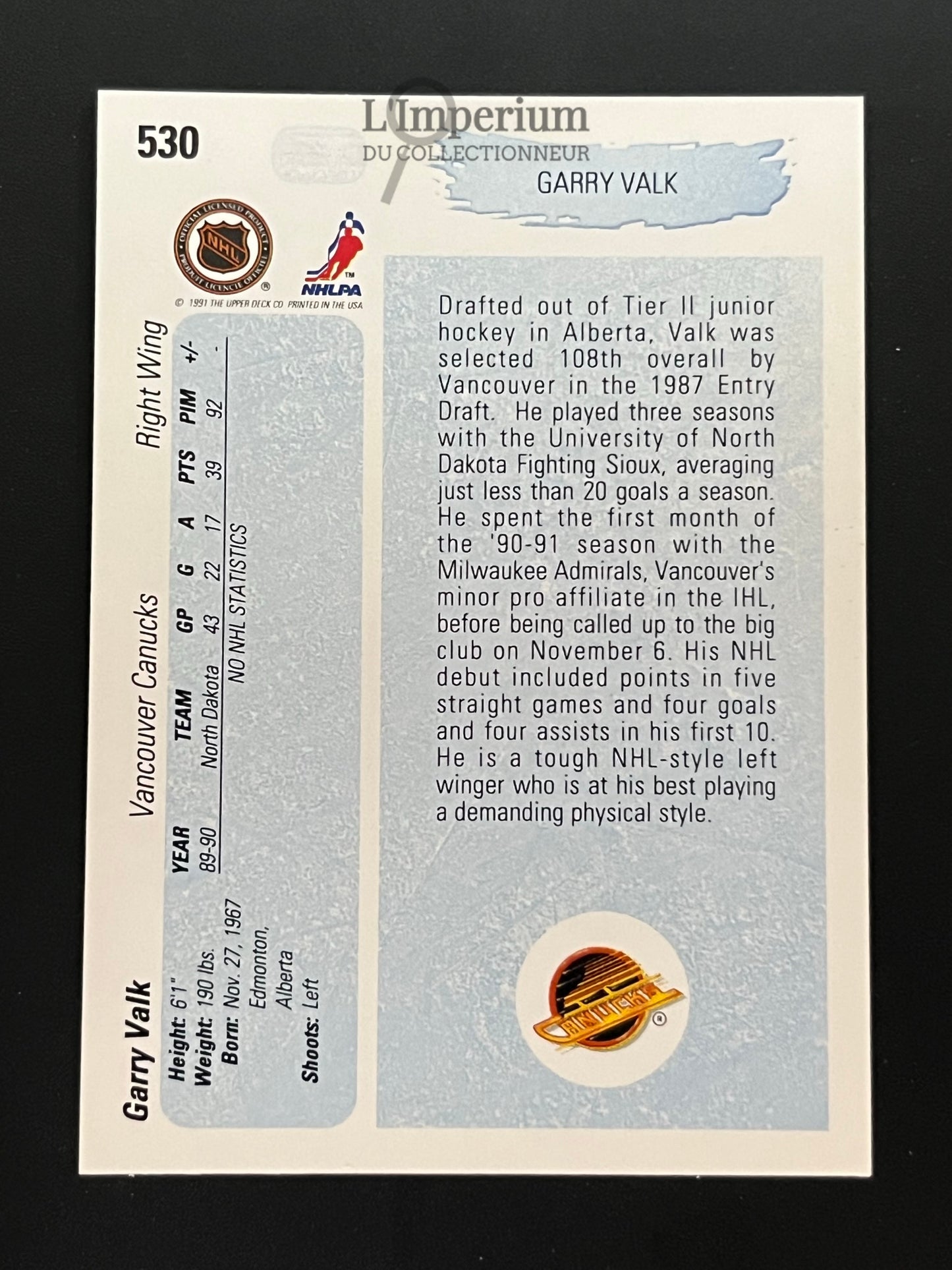 530. Garry Valk YG, RC Upper Deck 1990-91 Hockey Card