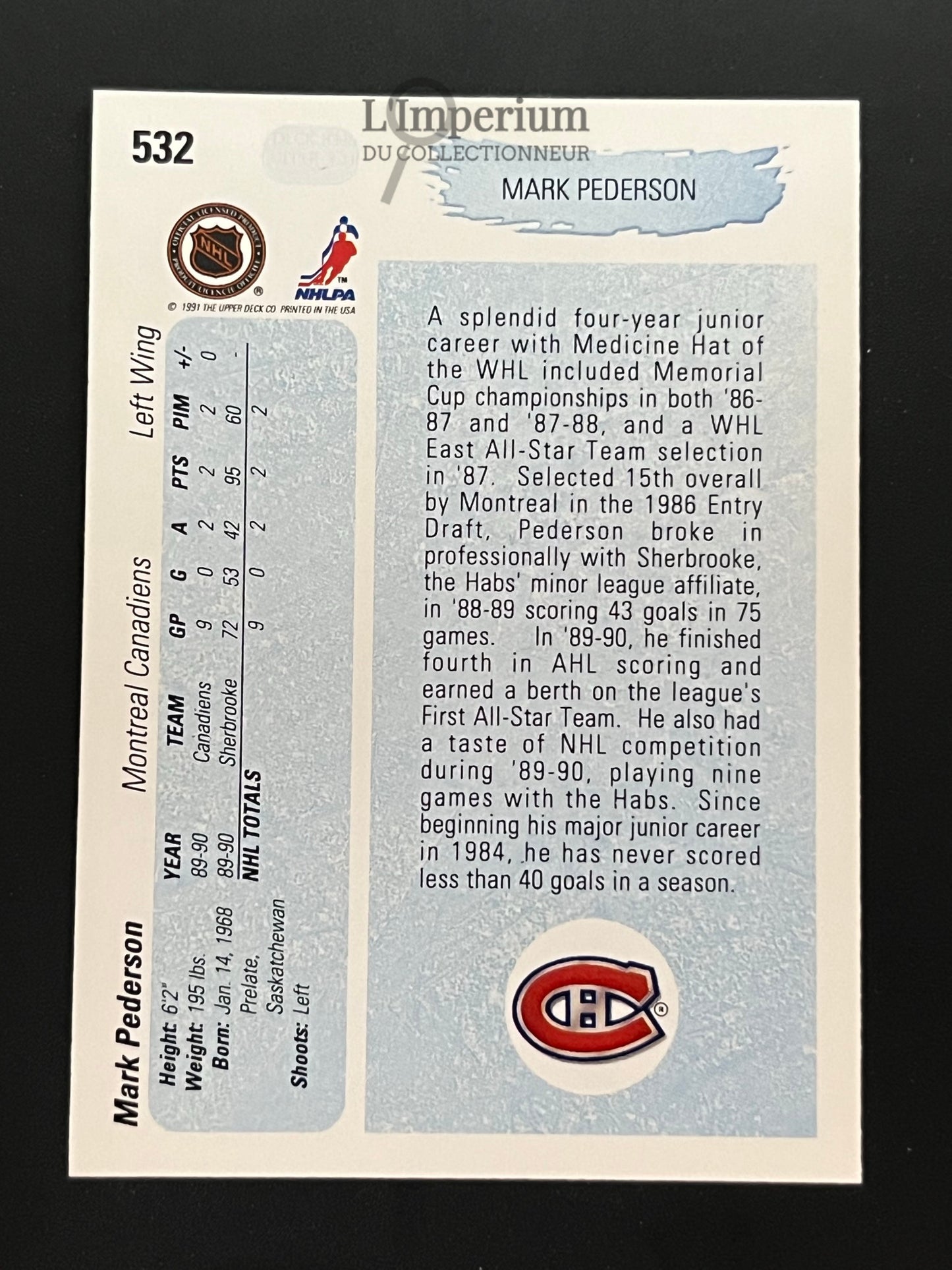 532. Mark Pederson YG, RC Upper Deck 1990-91 Hockey Card