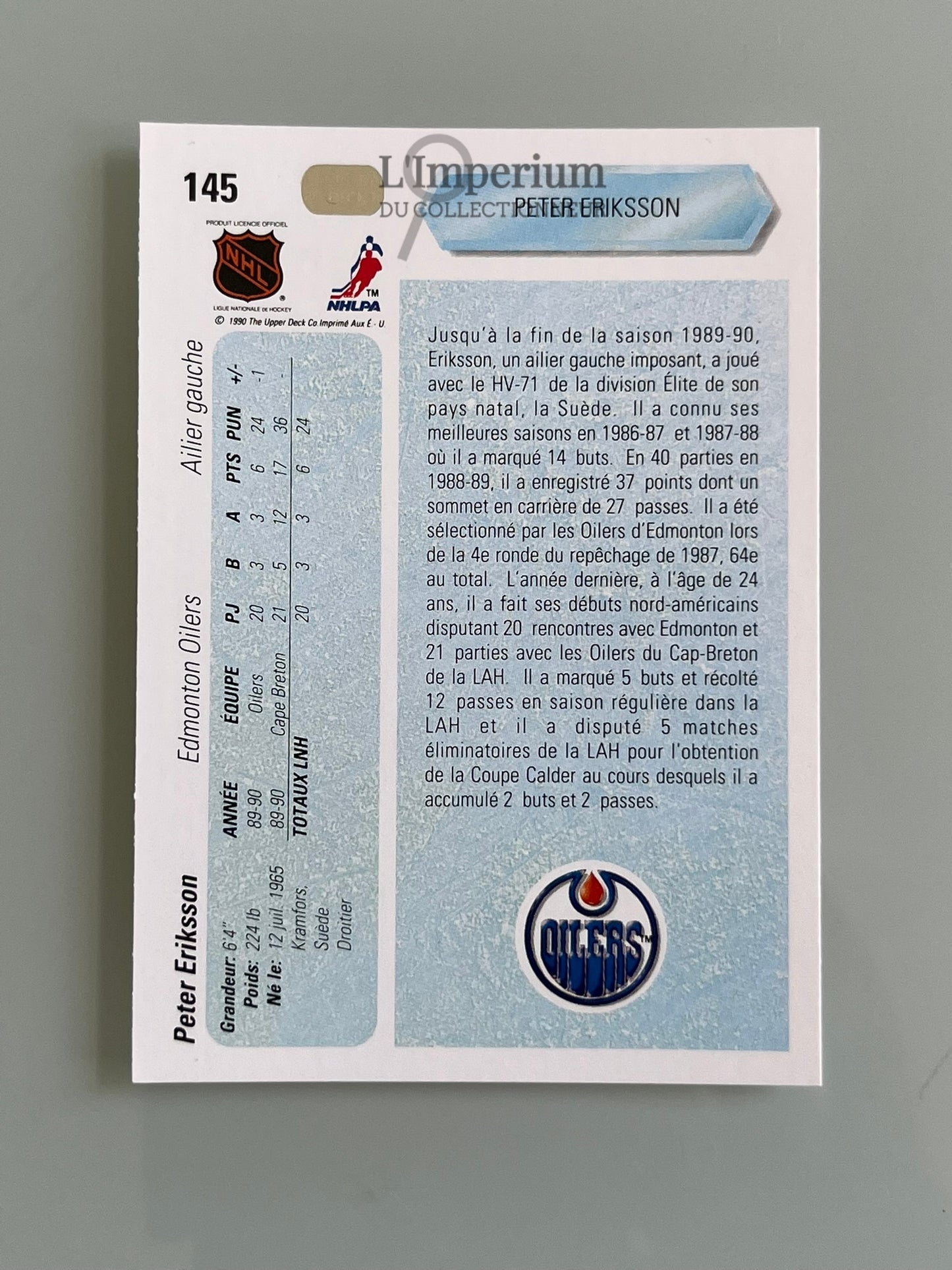 145. Peter Eriksson RC Upper Deck 1990-91 French Hockey Card