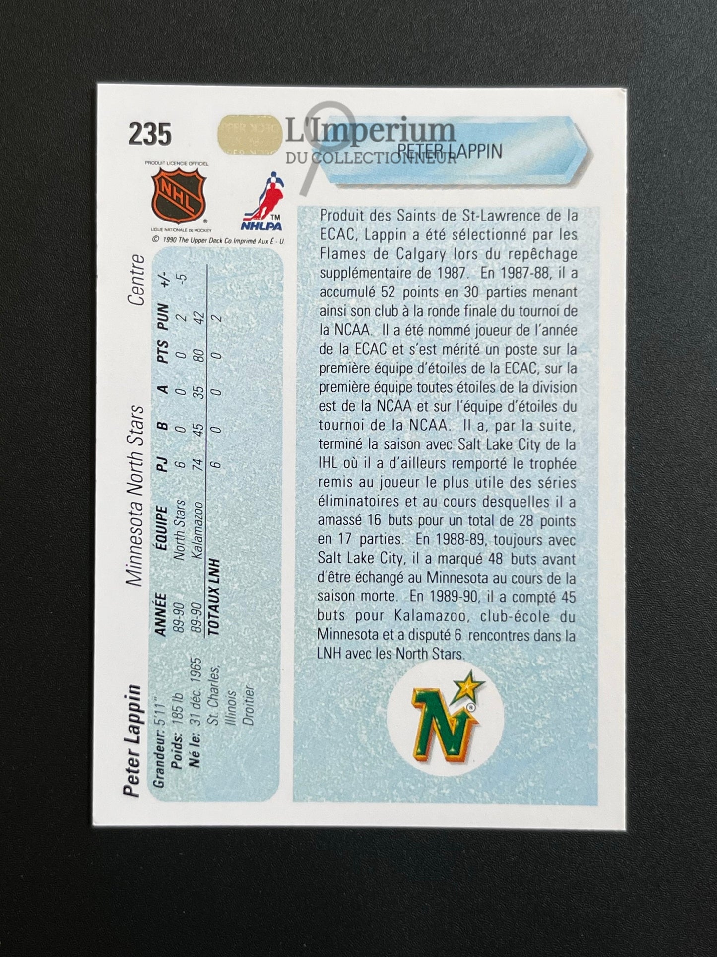 235. Peter Lappin RC Upper Deck 1990-91 French Hockey Card