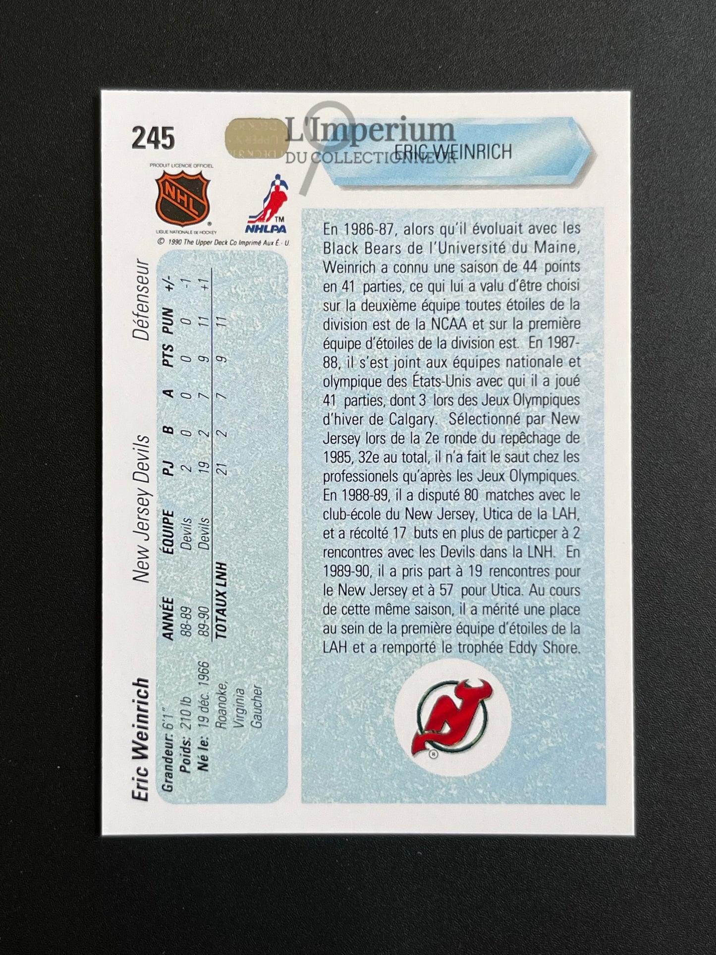 245. Eric Weinrich RC Upper Deck 1990-91 French Hockey Card