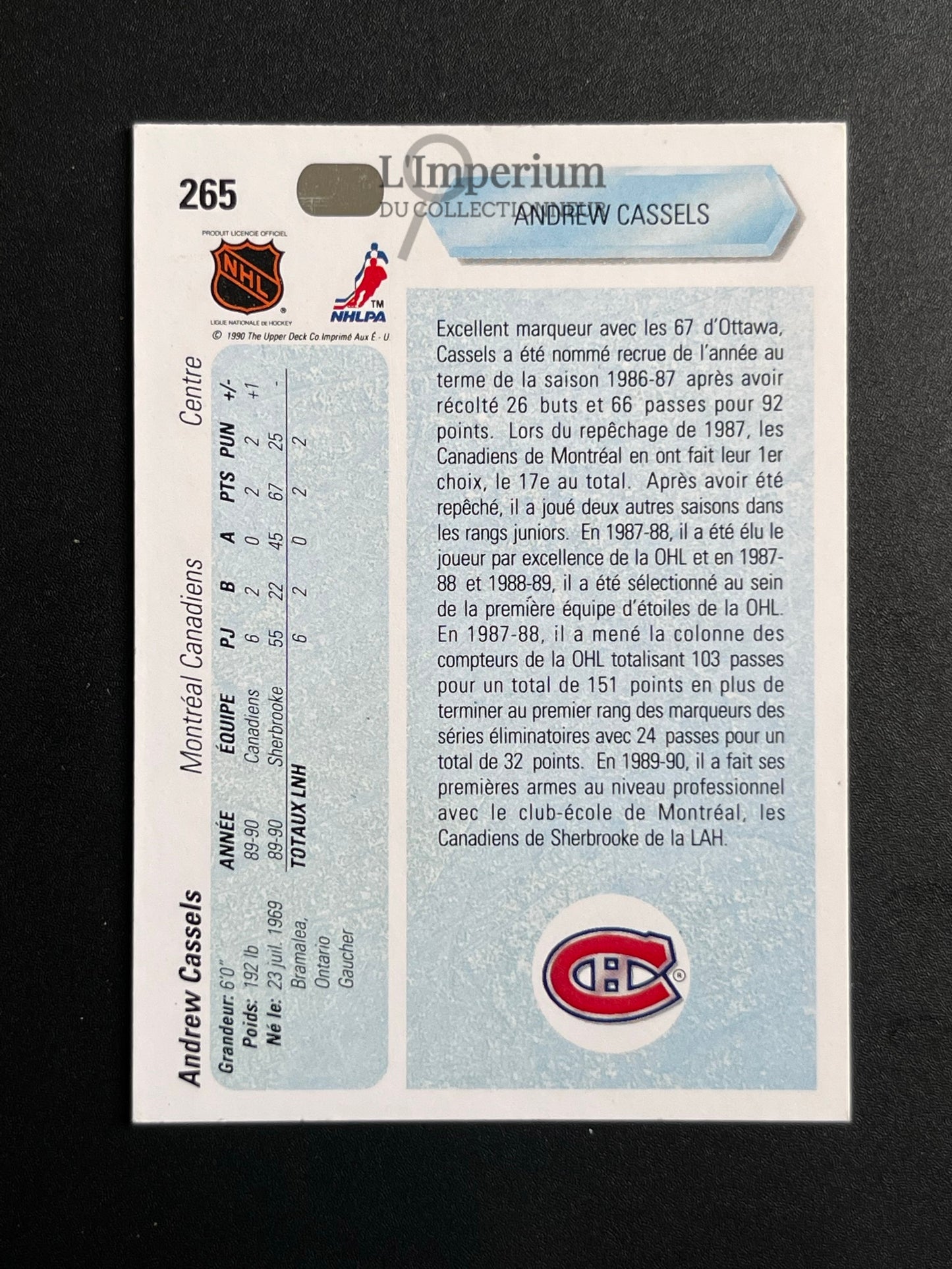 265. Andrew Cassels RC Upper Deck 1990-91 French Hockey Card