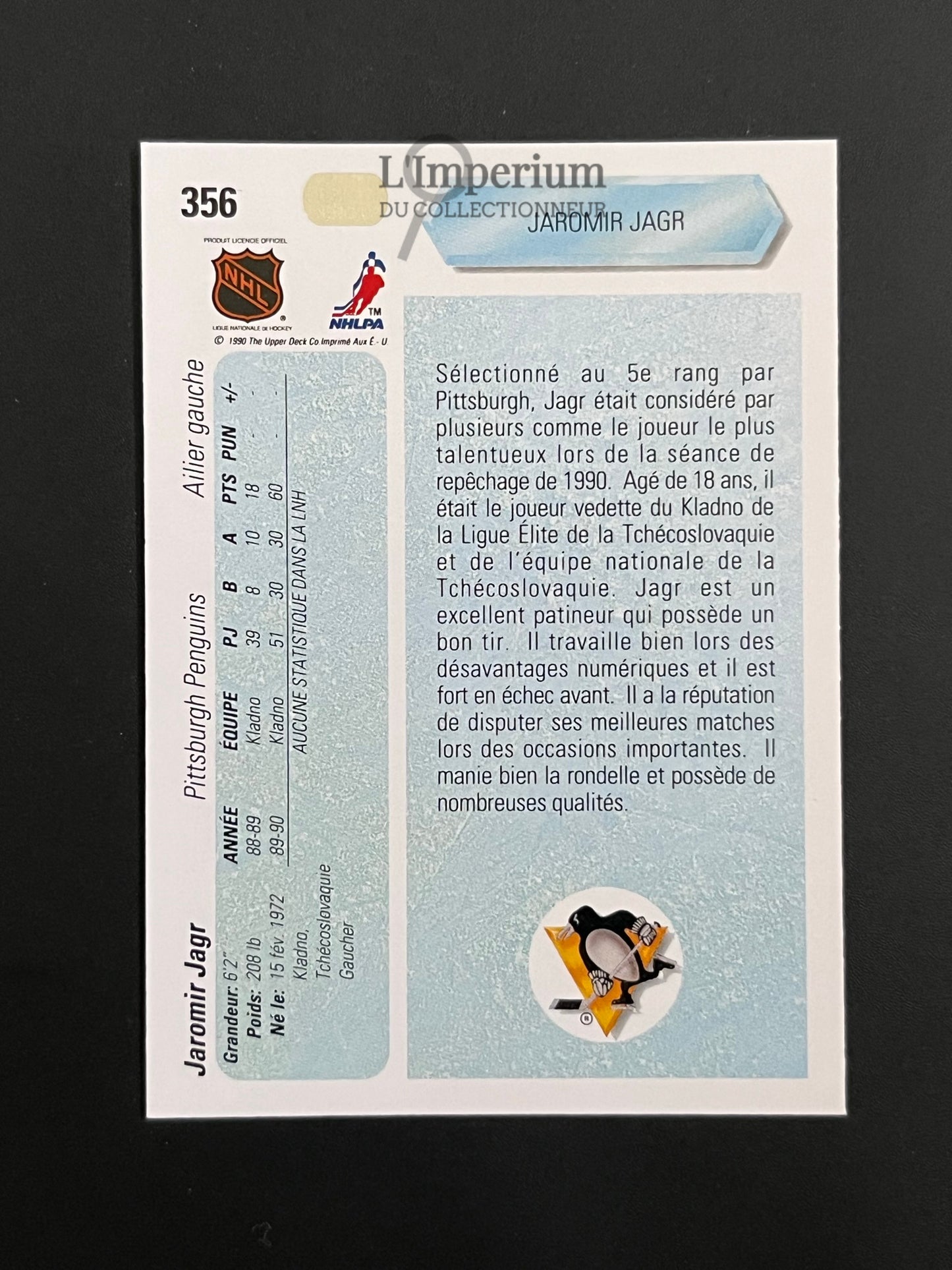 356. Jaromir Jagr RC Upper Deck 1990-91 French Hockey Card