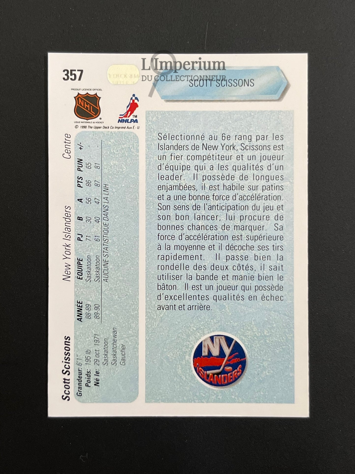 357. Scott Scissons RC Upper Deck 1990-91 French Hockey Card