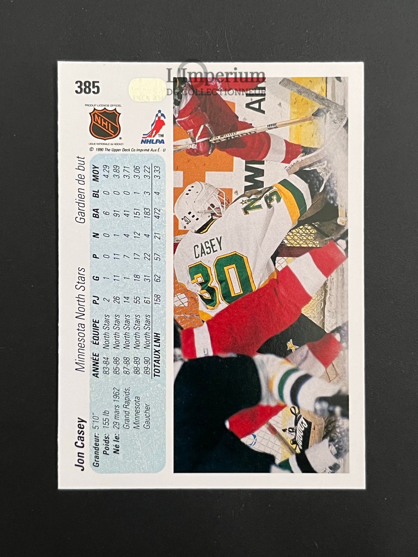 385. Jon Casey Upper Deck 1990-91 French Hockey Card
